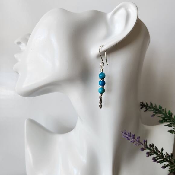 Turquoise Seashell Beads Tassel Earrings, Silver Plated Wire Wrapped Earrings - Picture 4 of 6